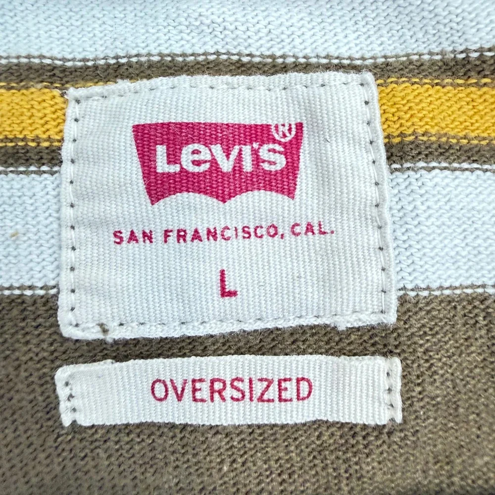Levis Mens Oversized Striped Pocket T-Shirt Olive Green Yellow White Large